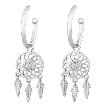 (ER274) Rhodium Plated Sterling Silver Dream Catcher CZ Hoop Earrings