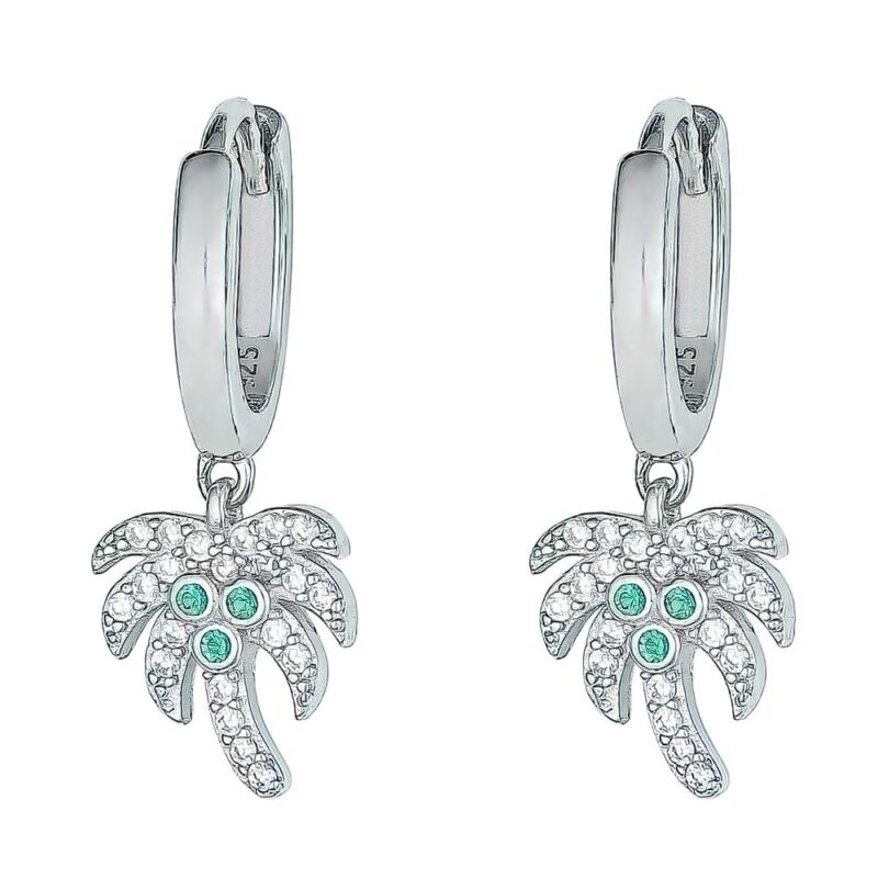 (ER275) Rhodium Plated Sterling Silver Green And White Palm Tree CZ Hoop Earrings