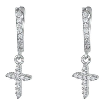 (ER276) Rhodium Plated Sterling Silver Dangling Cross CZ Hoop Earrings