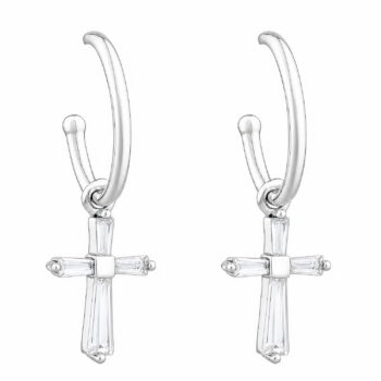 (ER278) Rhodium Plated Sterling Silver Dangling Cross CZ Hoop Earrings