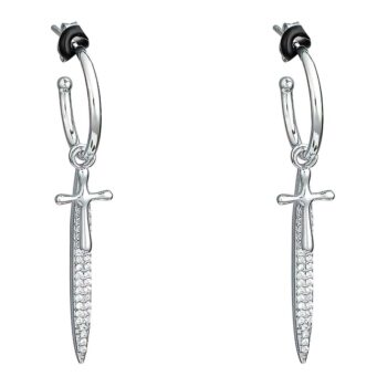 (ER279) Rhodium Plated Sterling Silver Dangling Cross CZ Hoop Earrings