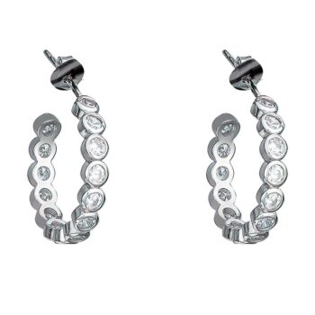 (ER285) Rhodium Plated Sterling Silver CZ Hoop Earrings