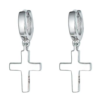 (ER290) Rhodium Plated Sterling Silver Plain Cross Drop Dangling Stud Earrings