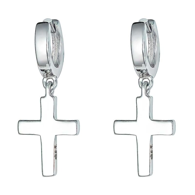 (ER290) Rhodium Plated Sterling Silver Plain Cross Drop Dangling Stud Earrings