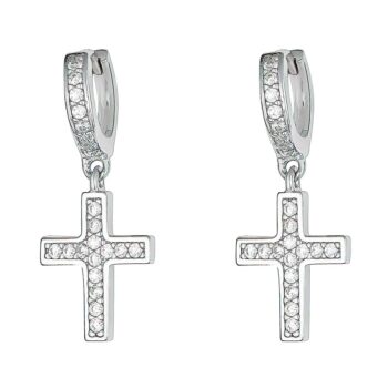 (ER291) Rhodium Plated Sterling Silver CZ Cross Drop Dangling Stud Earrings