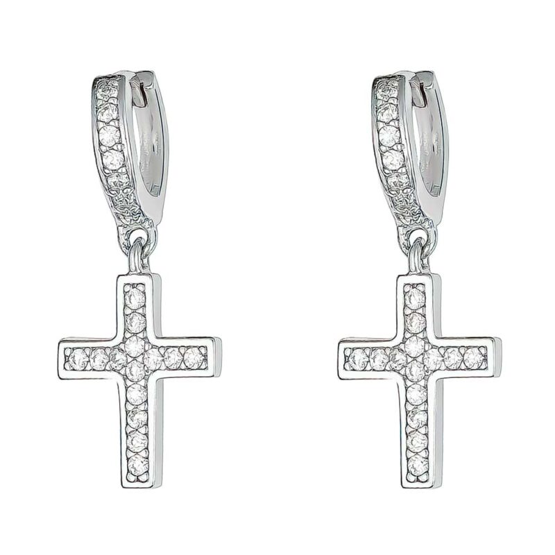 (ER291) Rhodium Plated Sterling Silver CZ Cross Drop Dangling Stud Earrings