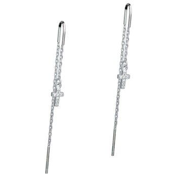 (ER294) Rhodium Plated Sterling Silver Dangling Cross Hook Earrings