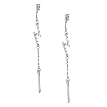 (ER295) Rhodium Plated Sterling Silver Hanging Lightning Bolt Stud Earrings
