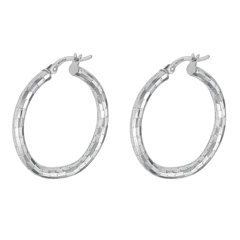 (ERH06) Rhodium Plated Sterling Silver 3mm Diamond Cut Hoop Earrings