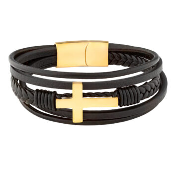 (FLB14G) Multi Strand Black Leather Gold Plated Bracelet With Plain Cross