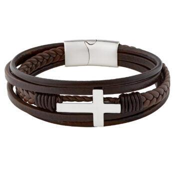 (FLB14S) Multi Strand Brown Leather Stainless Steel Bracelet With Plain Cross