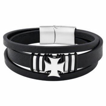 (FLB15S) Multi Strand Black Leather Stainless Steel Bracelet With Iron Cross