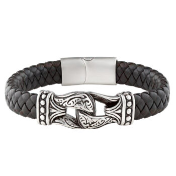 (FLB16S) 12mm Black Leather Stainless Steel Bracelet With Celtic Design