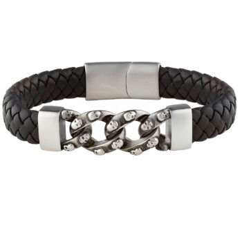 (FLB17S) 12mm Black Leather Stainless Steel Bracelet With Skull