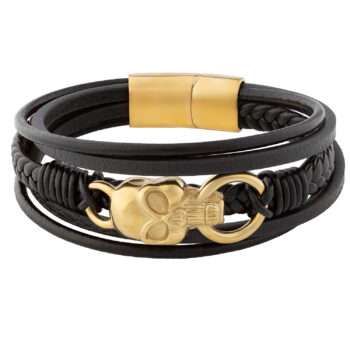 (FLB18G) Multi Strand Black Leather Gold Plated Bracelet With Skull