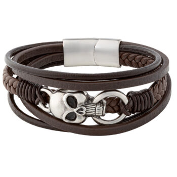 (FLB18S) Multi Strand Brown Leather Stainless Steel Bracelet With Skull