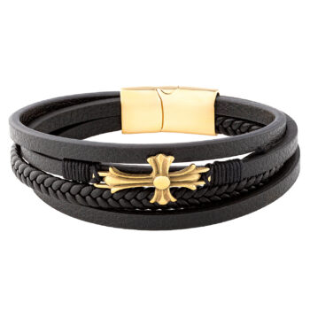 (FLB19G) Multi Strand Black Leather Gold Plated Bracelet With Fleury Cross
