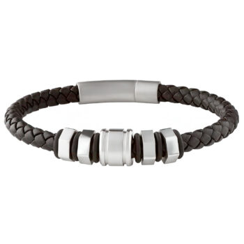 (FLB20) 6mm Black Leather Stainless Steel Bracelet With Hex Bead