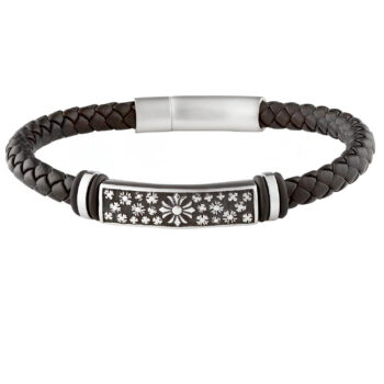 (FLB21) 6mm Black Leather Stainless Steel Bracelet With Cross Pattee