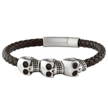 (FLB22) 6mm Black Leather Stainless Steel Bracelet With Triple Skull