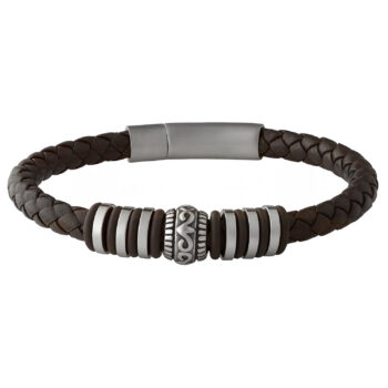 (FLB23) 6mm Brown Leather Stainless Steel Bracelet With Vining Scroll