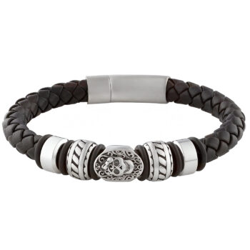 (FLB24) 8mm Black Leather Stainless Steel Bracelet With Calavera Mexican Skull