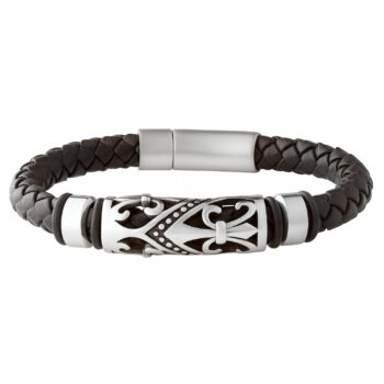 (FLB25) 8mm Black Leather Stainless Steel Bracelet With Fleur-de-lis Flower