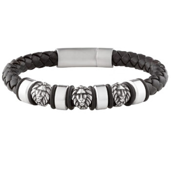(FLB26) 8mm Black Leather Stainless Steel Bracelet With Triple Lion's Head