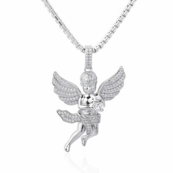 (H020) Rhodium Plated Sterling Silver Angel Iced Out Pendant - 37x30mm