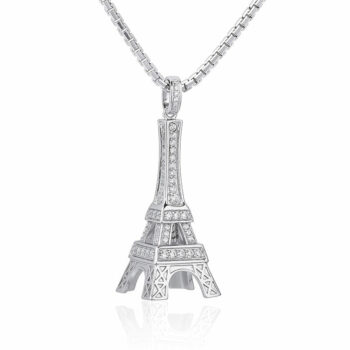 (H026) Rhodium Plated Sterling Silver Eiffel Tower Iced Pendant - 40x18mm