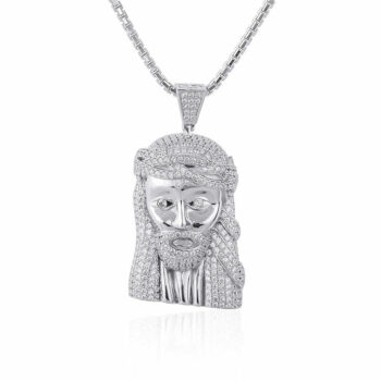 (H060) Rhodium Plated Sterling Silver Jesus Iced Pendant - 43x32mm