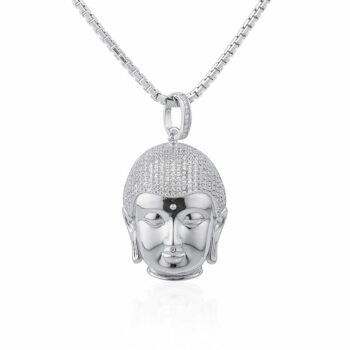 (H066) Rhodium Plated Sterling Silver Buddha Iced Pendant - 35x26mm