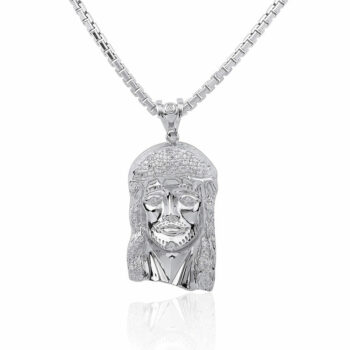 (H073) Rhodium Plated Sterling Silver Jesus Iced Pendant - 33x20mm