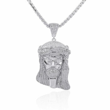 (H080) Rhodium Plated Sterling Silver Jesus Iced Pendant - 38x26mm