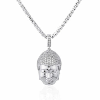 (H083) Rhodium Plated Sterling Silver Buddha Iced Pendant - 22x16mm