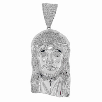 (H109) Rhodium Plated Sterling Silver Big CZ Jesus Face Pendant - 39x60mm