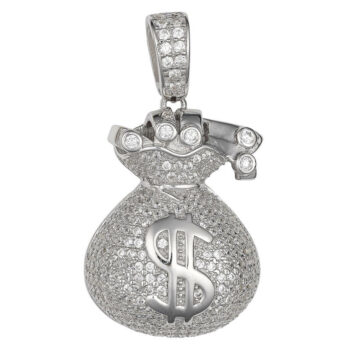 (H116) Rhodium Plated Sterling Silver CZ Money Bag Pendant - 22x28mm