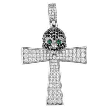 (H125) Sterling Silver Skull Cross Iced-Out Pendant