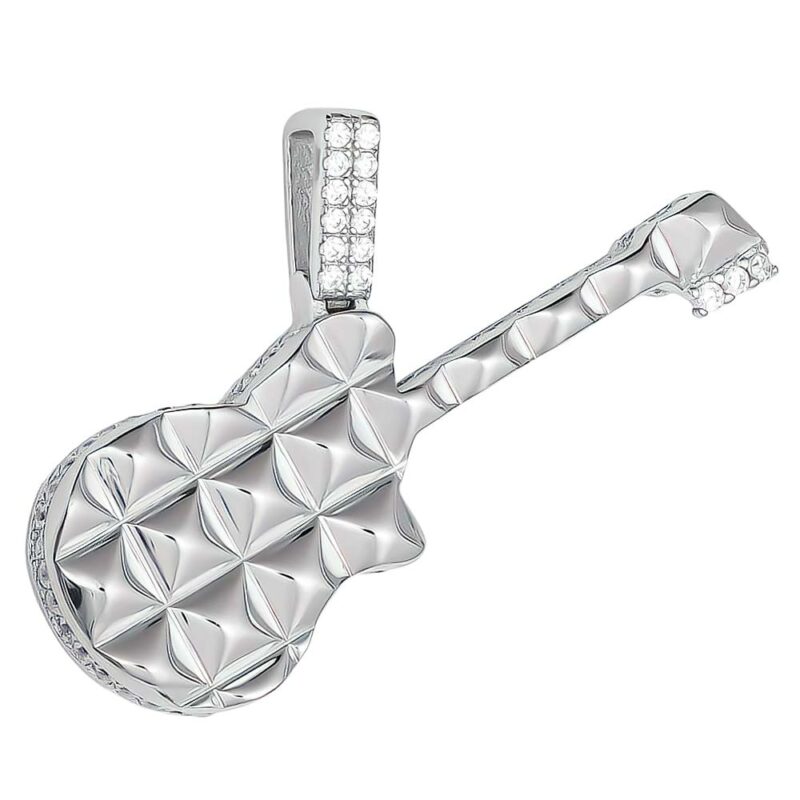 (H126) Sterling Silver Guitar Iced-Out Pendant