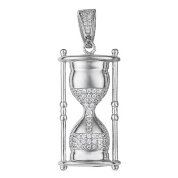 (H129) Sterling Silver Sand Clock Iced-Out Pendant