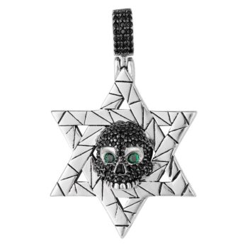 (H137) Sterling Silver Skull With Star Of David Iced-Out Pendant