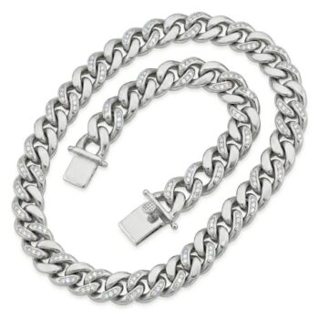 (HC140) 15mm Rhodium Plated Sterling Silver Miami Cuban Chain With CZ