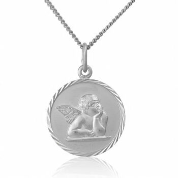 (M039) Angel Rhodium Plated Sterling Silver Religious Medallion Pendant