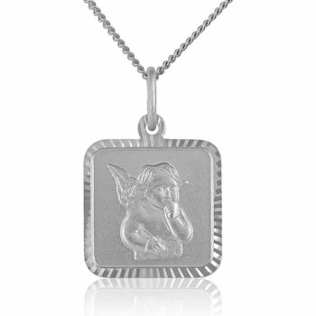 (M056) Angel Rhodium Plated Sterling Silver Religious Medallion Pendant