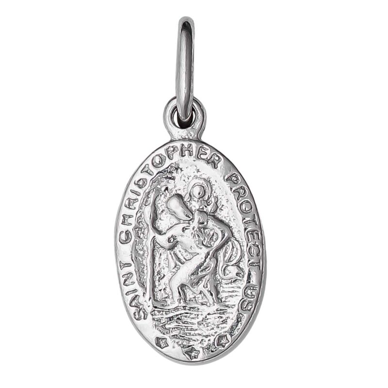 (M058) Rhodium Plated Sterling Silver St Christopher Oval Medallion Pendant - 8.5x12.5mm