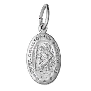 (M059) Rhodium Plated Sterling Silver St Christopher Oval Medallion Pendant - 10.5x15.5mm