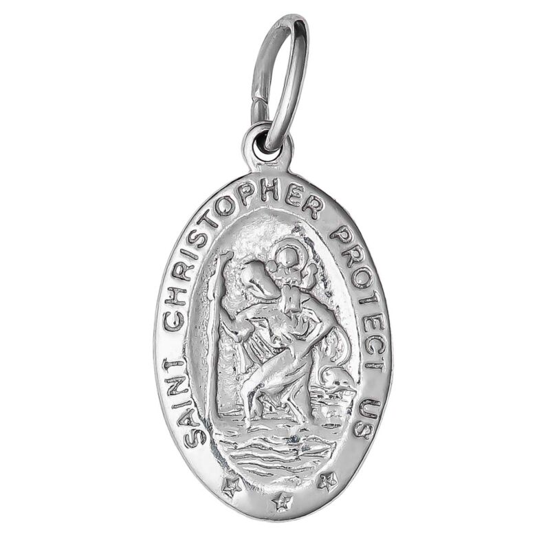 (M060) Rhodium Plated Sterling Silver St Christopher Oval Medallion Pendant - 12.5x18.5mm