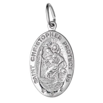 (M061) Rhodium Plated Sterling Silver St Christopher Oval Medallion Pendant - 14.5x21.5mm