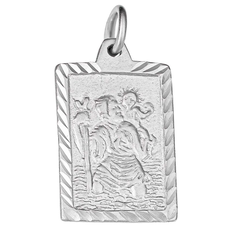(M062) Rhodium Plated Sterling Silver St Christopher Rectangle Medallion Pendant - 13.5x18.5mm