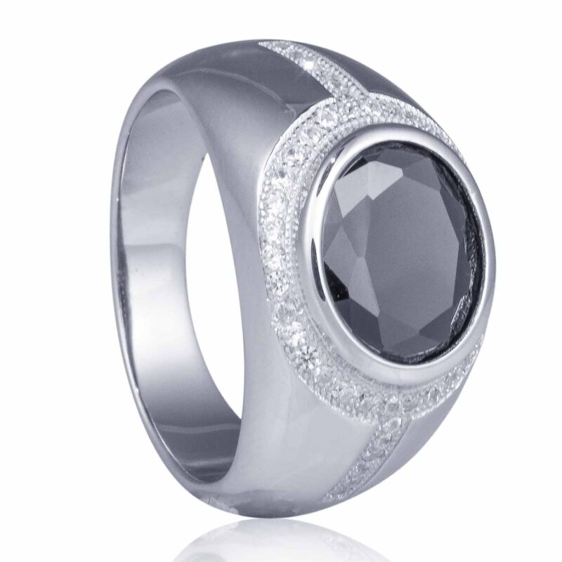 (MR085) Rhodium Plated Sterling Silver CZ Mens Black Ring